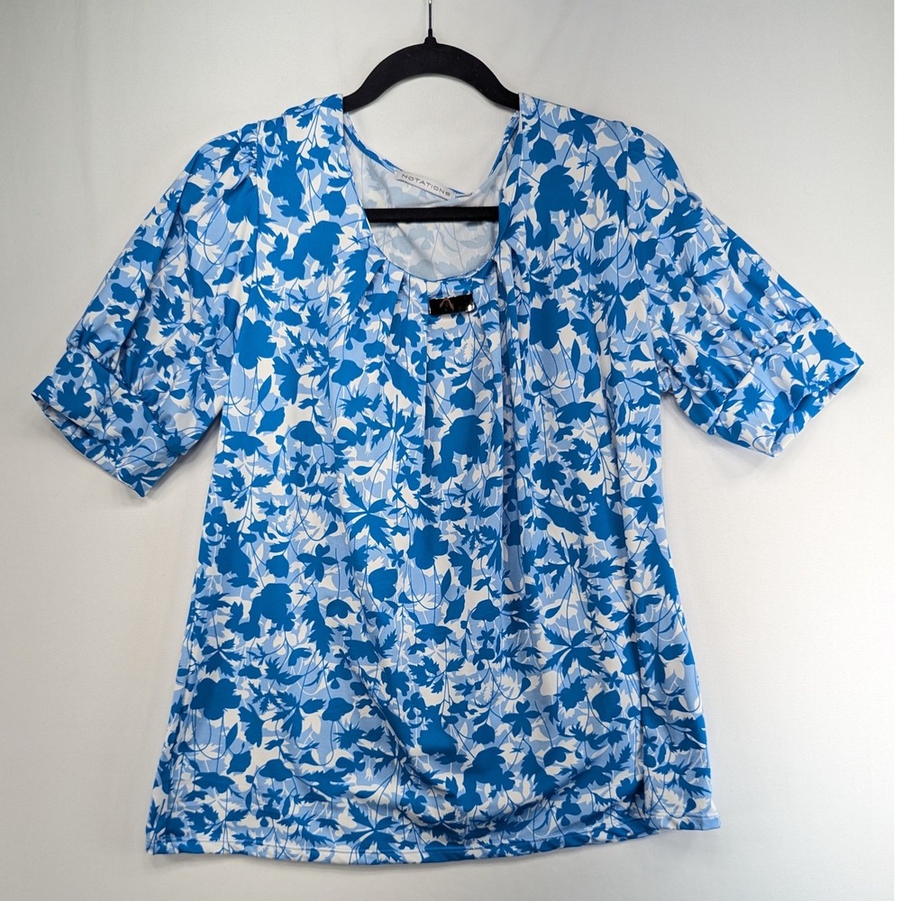 Notations Womens Large Blue White Floral Short Puff Sleeve Blouse